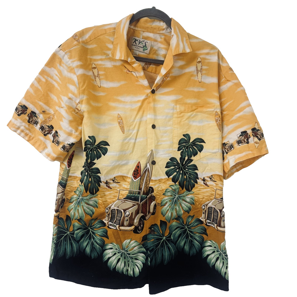 KY's Mens Hawaiian Shirt colorful Button Up Short Sleeve sz M Woody wagon surfer